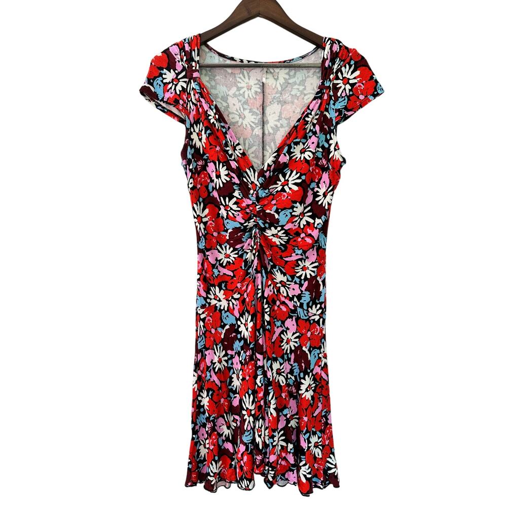 Free People Women's Floral Print Knot-Front Dress Size Small Black Red 90s Retro